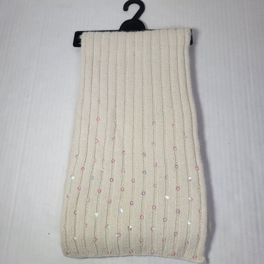 White Wool Angora Blend Knit Scarf With Pink & Iridescent Sequins